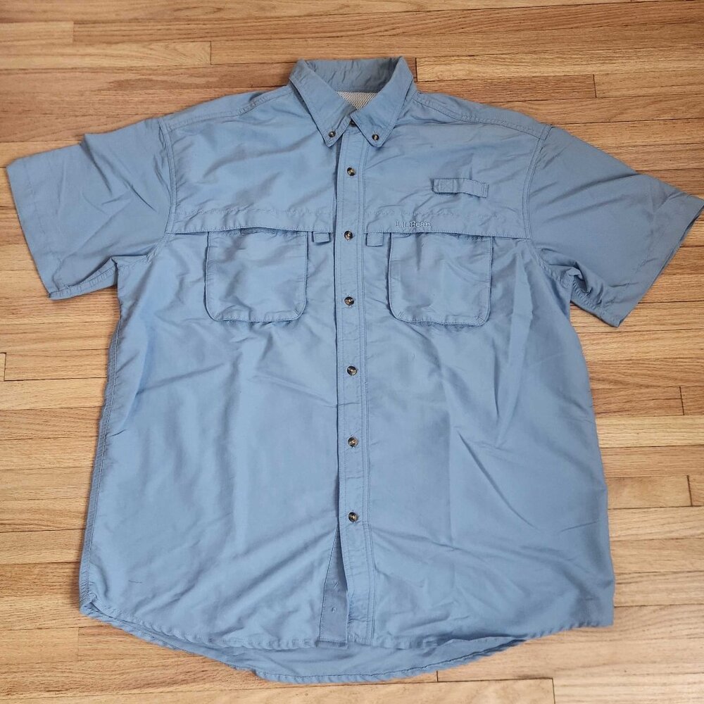 L.L. Bean Men’s Short Sleeve Button-Up Shirt — Blue Fishing Style • Size Large